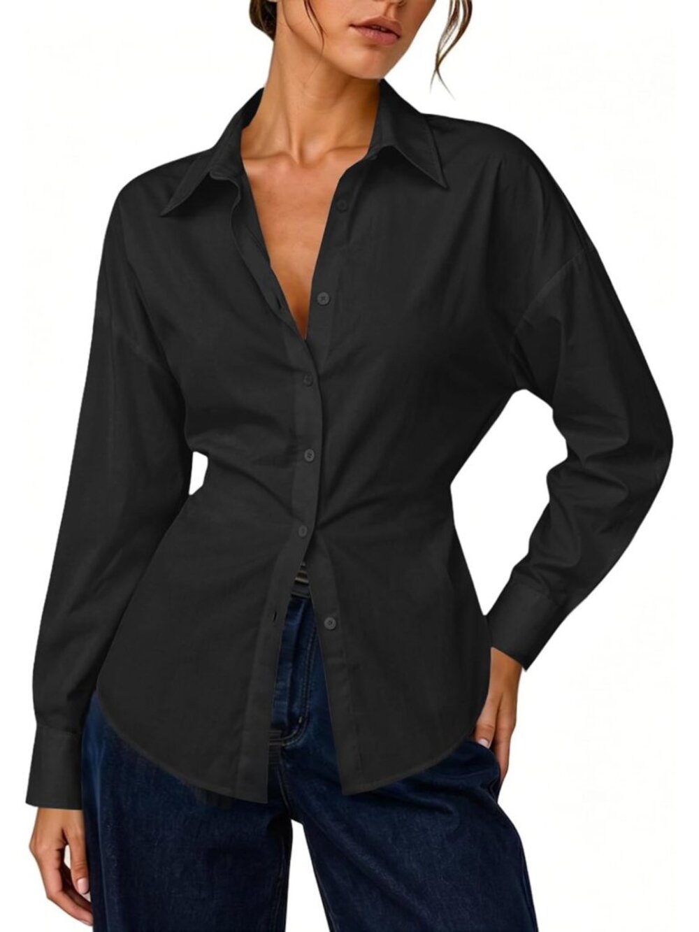 Chic Cinched Waist Button Down Shirt with Tie Back - Long Sleeve Blouse for